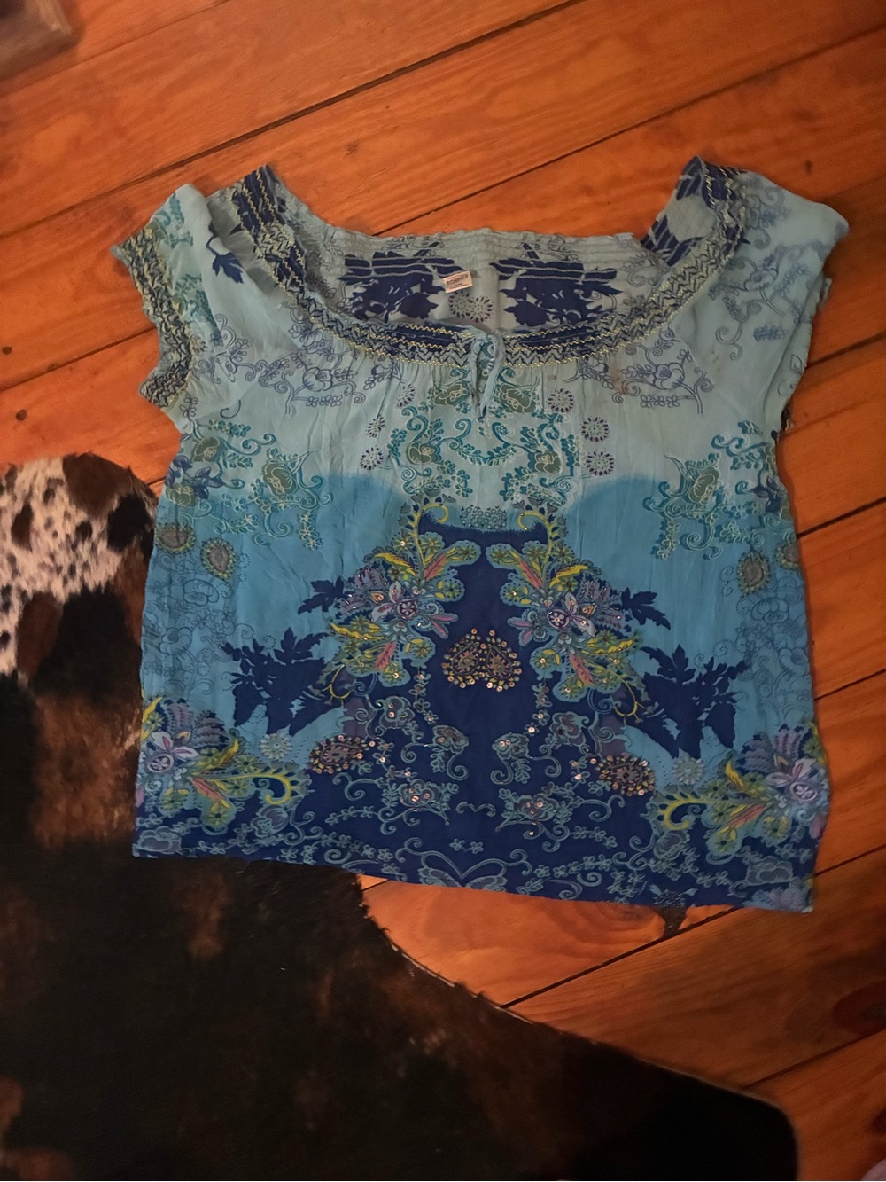 Bila Blue Floral Scoop-Neck Cap Sleeve Top